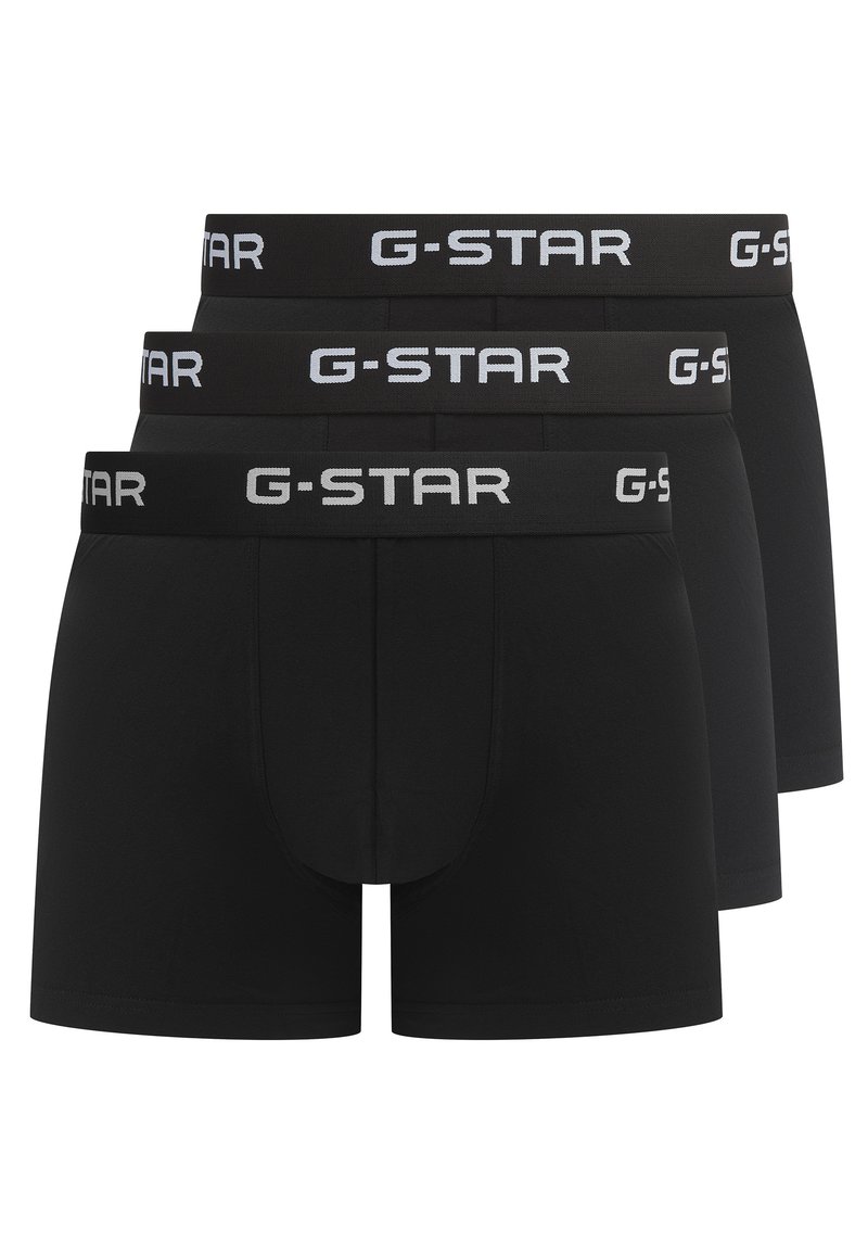 Boxers noirs avec ceinture élastique G-STAR portant un logo blanc, lot de trois, texture lisse et coupe ajustée.