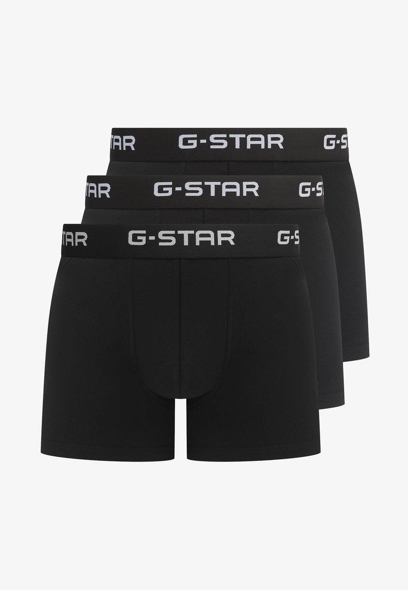 Boxers noirs avec ceinture élastique G-STAR portant un logo blanc, lot de trois, texture lisse et coupe ajustée.