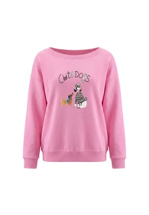 Roze sweatshirt met lange mouwen met de tekst "Cute Dogs" en geborduurde afbeeldingen van twee honden, een bruine en een witte met zwarte strepen.