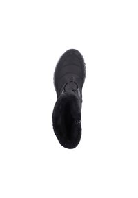 Black ankle boot featuring a soft fur lining, textured rubber sole, and cinch cord for adjustable fit. Smooth upper surface with stitching detail.