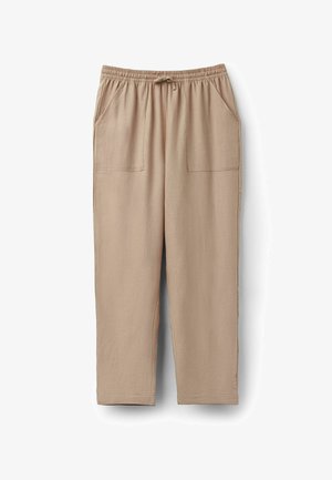 Beige linnedragter med elastisk talje, snor, to forlommer og lige ben design. Glat tekstur og afslappet stil.