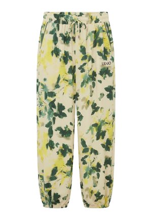 Pantaloni jogger ampi con vita e polsini elasticizzati, caratterizzati da un motivo floreale verde e giallo su sfondo beige, con il logo Liu Jo sulla gamba destra.