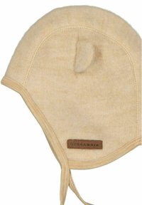 Beige villainen hattu, jossa on pehmeä pinta, pyöreä muoto, säädettävät nauhat ja ruskea nahkainen merkki, jossa on tuotemerkin nimi.