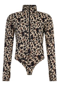 Langärmliger Body mit Leopardenmuster, ausgestattet mit einem hohen Kragen und einem Reißverschluss, gefertigt aus elastischem Stoff mit glatter Textur.
