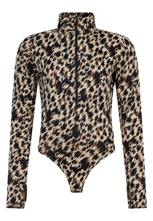 Langärmliger Body mit Leopardenmuster, ausgestattet mit einem hohen Kragen und einem Reißverschluss, gefertigt aus elastischem Stoff mit glatter Textur.