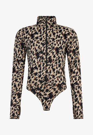 Langdurige bodysuit in een luipaardprint, met een hoge kraag en ritssluiting, gemaakt van rekbare stof met een gladde textuur.