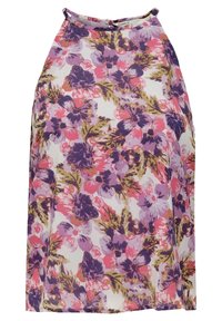 Blusa sin mangas con estampado floral que presenta un fondo blanco, con vibrantes patrones de flores en púrpura, rosa y verde, y un escote alto.