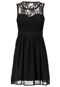 Robe noire sans manches avec corsage en dentelle, encolure transparente, taille ajustée et jupe fluide longueur genou.