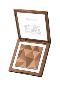 Compact per bronzer con un design geometrico, caratterizzato da diverse tonalità di marrone, una custodia color crema e uno specchio trasparente nel coperchio.