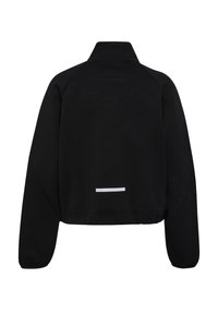 Svart kort sweatshirt med hög krage, långa ärmar och en reflexdetalj på nedre ryggen. Slätt material med en minimalistisk design.