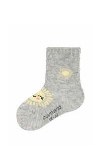 Grau gestrickte Socke mit einem Design eines lächelnden Sonnensymbols in Gelb und rosigen Wangen, gerippter Bündchen und glatter Textur. Größe auf der Sohle angegeben.