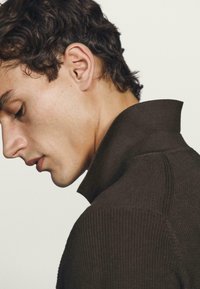 Maglione marrone scuro con colletto alto, tessuto a maglia strutturato e design aderente, indossato da una persona di profilo.