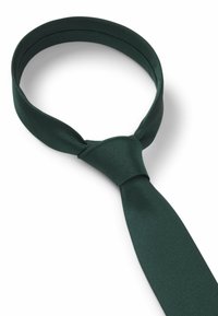 Cravate sombre en satin lisse avec un design classique, dotée d'un nœud et d'une texture unie sans motifs ni accents.