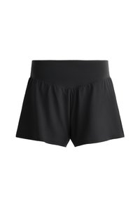 Black shorts made of lightweight, smooth fabric with a wide waistband and gathered lower section for a loose fit. Simple design, no patterns.