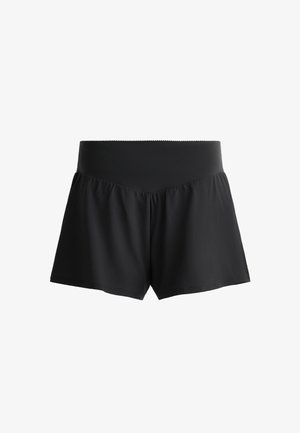 Sort shorts lavet af let, glat stof med en bred talje og en nederste sektion med samlinger for en løs pasform. Simpelt design, uden mønstre.
