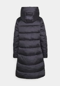 Schwarze Daunenjacke mit Kapuze, ausgestattet mit einem gestepp-ten Design, glatter Textur, mittellanger Schnitt und elastischen Manschetten. Keine sichtbaren Beschläge.