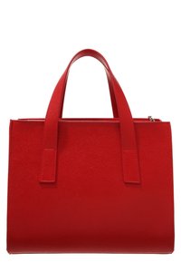 Borsa a mano rossa realizzata in materiale testurizzato, con due manici robusti, una forma rettangolare elegante e una chiusura con zip nella parte superiore.