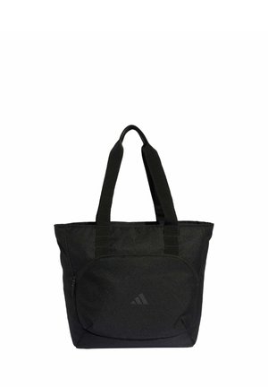 Zwarte stoffen tas met dubbele handvatten en een voorvak met rits, met een klein geperst Adidas-logo in het midden.