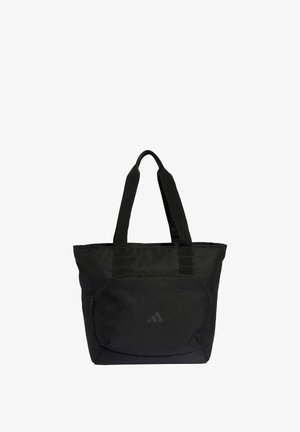 Zwarte stoffen tas met dubbele handvatten en een voorvak met rits, met een klein geperst Adidas-logo in het midden.