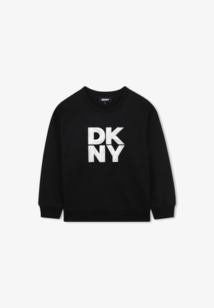 Sweatshirt noir en mélange de coton, doté d'un col rond et de manches longues. Comprend des lettres blanches en bloc "DKNY" comme élément de design principal.