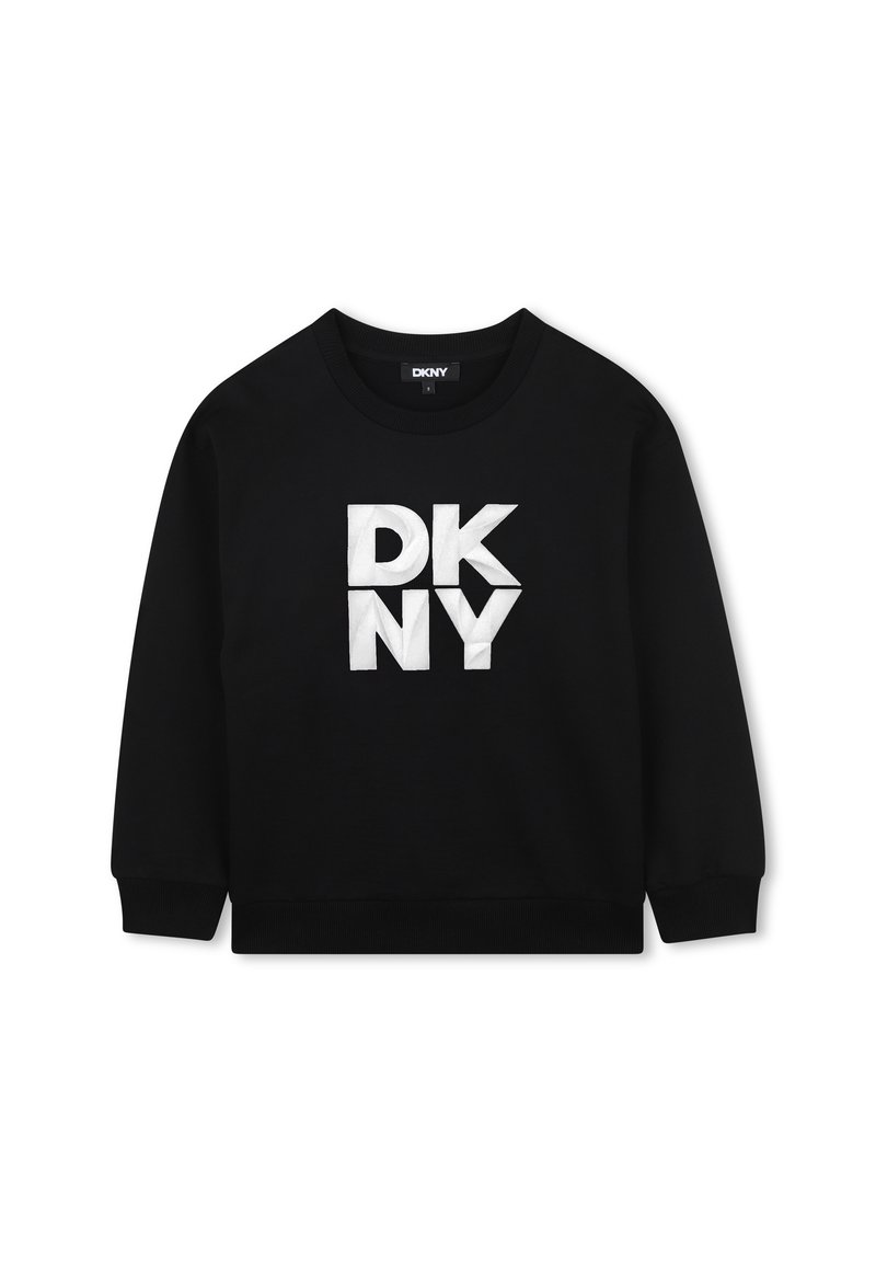 Sweatshirt noir en mélange de coton, doté d'un col rond et de manches longues. Comprend des lettres blanches en bloc "DKNY" comme élément de design principal.