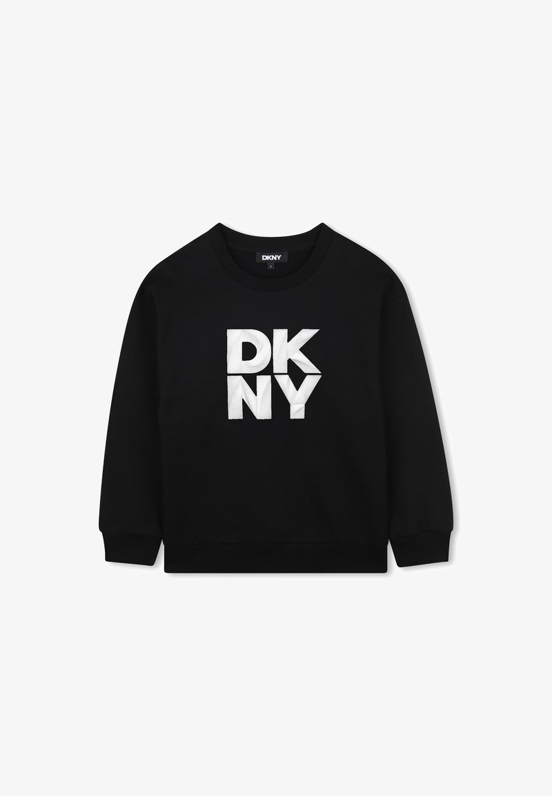 Sweatshirt noir en mélange de coton, doté d'un col rond et de manches longues. Comprend des lettres blanches en bloc "DKNY" comme élément de design principal.