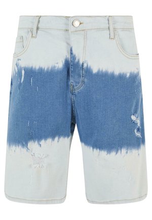 Shorts en denim avec un design en dégradé allant du bleu clair au bleu foncé, des zones usées et un ourlet brut. Matériau : coton.