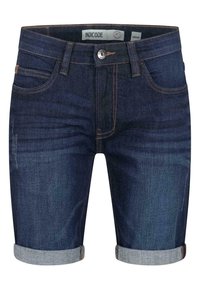 Dunkelblaue Denim-Shorts mit umgekrempeltem Saum. Zu den Merkmalen gehören Fronttaschen und kontrastierende Nähte. Ein Etikett mit mittlerer Taillengröße ist sichtbar.