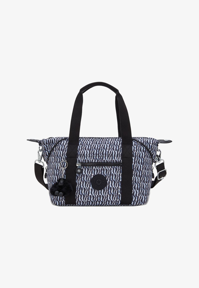 Borsa a motivo blu e bianco con dettagli neri, dotata di manici doppi, tracolla regolabile, tasca frontale con zip e charm decorativo a pom-pom.