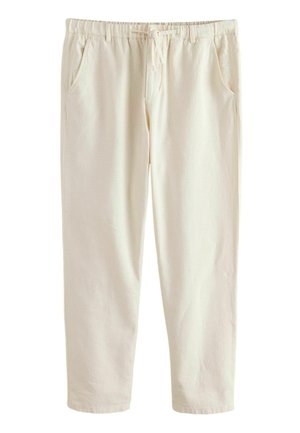 Beżowe spodnie casual z elastycznym pasem, sznurkiem z przodu, bocznymi kieszeniami i prostym krojem nogawek na białym tle.