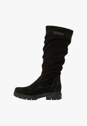 Black suede knee-high boot with a wrinkled design, rubber sole, and stitched detailing along the sides. Textured, soft finish.