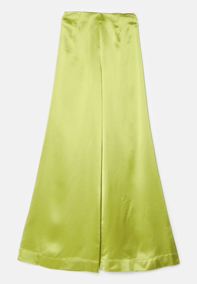 Σατινένιο παντελόνι σε ευθεία γραμμή σε φωτεινό λαχανί χρώμα, με λεία υφή, καθαρές γραμμές και ζώνη μέσης.