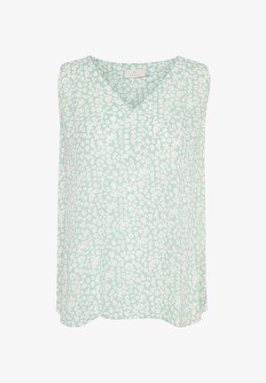 Top verde deschis fără mâneci, cu decolteu în V, având un model floral alb, fabricat dintr-un material moale și cu o croială lejeră.