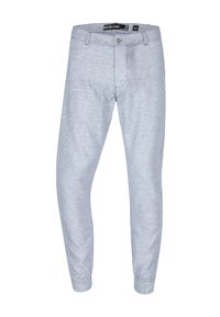 Lichtblauwe slim-fit herenbroeken met elastische boorden, knoopsluiting en riemlussen.