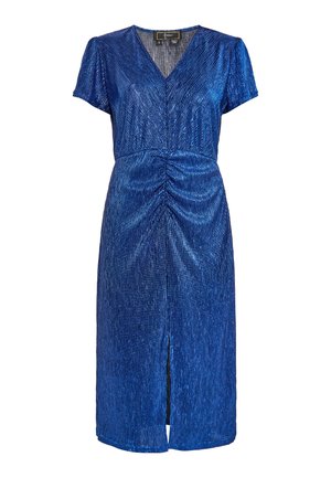 Modrá, metalická šaty s krátkym rukávom, výstrihom do V, nariasením v páse a rozparkom po kolená vpredu. Obsahuje vertikálny pruhovaný vzor.