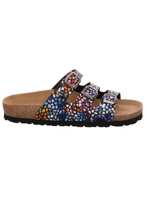 Black and multicolored patterned slide sandal with three adjustable buckles. Features a cork footbed and textured rubber sole.