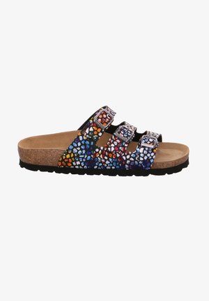 Black and multicolored patterned slide sandal with three adjustable buckles. Features a cork footbed and textured rubber sole.
