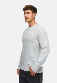 Maglione a coste grigio chiaro con scollo rotondo. Maniche lunghe, texture morbida e orlo dritto. Abbinato a jeans scuri.