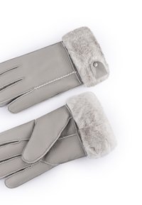 Graue Lederhandschuhe mit Fellaufschlägen, die mit gestickten Akzenten und einem Druckknopfverschluss ausgestattet sind. Glatte Textur mit elegantem Design.