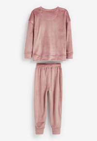 Velvet loungewear set in soft pink includes a long-sleeve top with a round neckline and matching elastic waistband pants with cuffed hems.