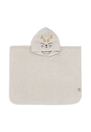 Poncho serviette en coton beige clair avec une capuche ornée d'un design de chat, incluant des accents dorés et des détails faciaux. Texture douce et absorbante.