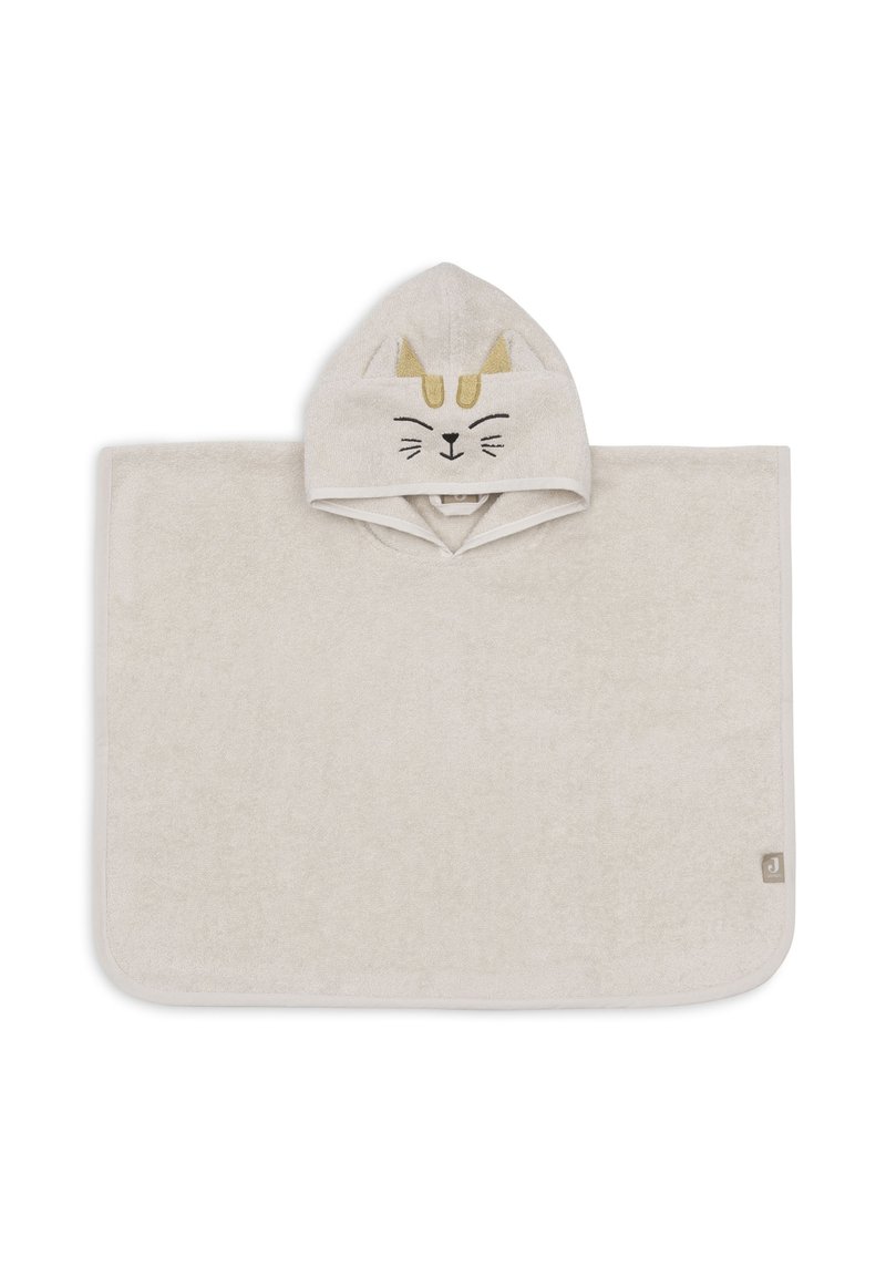 Handdoek poncho in lichtbeige katoen met een capuchon, voorzien van een kattenontwerp met gouden accenten en gezichtsdetails. Zachte en absorberende textuur.