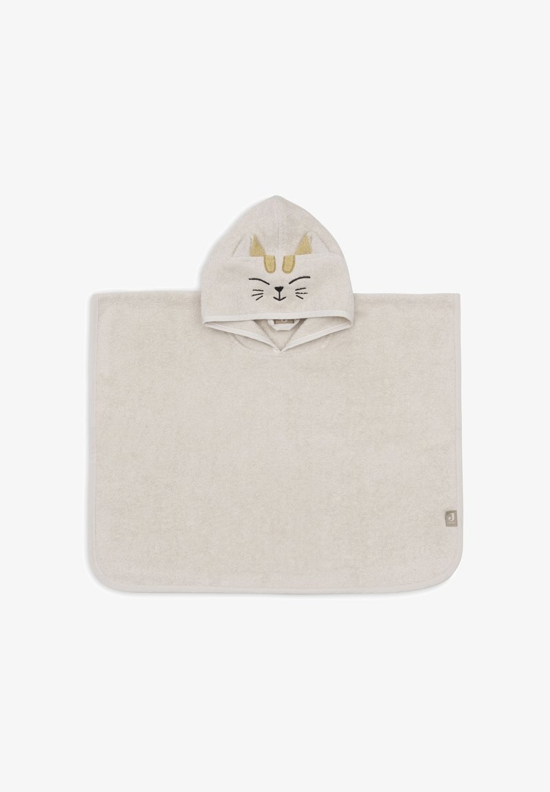 Handdoek poncho in lichtbeige katoen met een capuchon, voorzien van een kattenontwerp met gouden accenten en gezichtsdetails. Zachte en absorberende textuur.