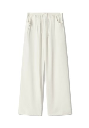 Luźne białe spodnie z elastycznym paskiem, sznurkiem do wiązania i bocznymi kieszeniami, zaprojektowane do noszenia na co dzień.