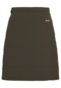 Gequiltte, donkerolijfgroene rok gemaakt van lichtgewicht synthetisch materiaal. Heeft een elastische tailleband en een klein logo op de heup.