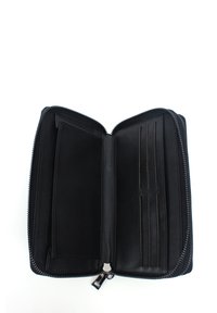 Black leather wallet with a zip closure, featuring multiple card slots and a large compartment for bills. Smooth texture and minimal design.