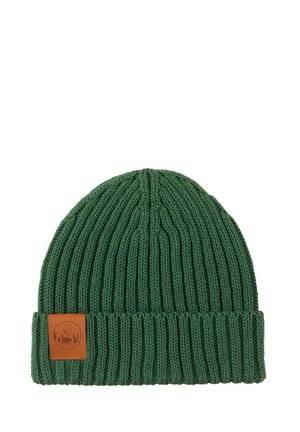 Ciemnozielona dzianinowa czapka prążkowana z odwiniętym rondem i brązową skórzaną łatą z logo przedstawiającym krajobraz na zewnątrz.