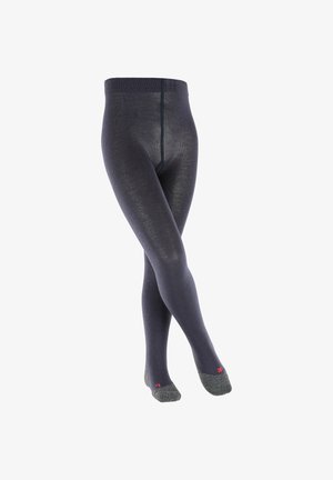 Kniestrümpfe in tiefem Marineblau mit geripptem Muster, ausgestattet mit grauen Akzenten an Zehen und Ferse. Glatte Oberfläche mit elastischem Bund.