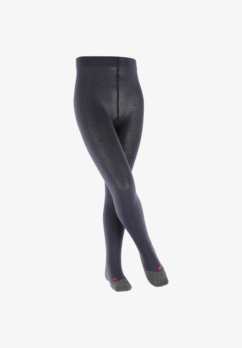 Calze al ginocchio in blu scuro con una texture a coste, con accenti grigi sulla punta e sul tallone. Finitura liscia con vita elasticizzata.