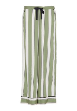 Lichte groen-witte gestreepte broek met zwarte accenten, voorzien van een verstelbare tailleband en een wijd been ontwerp.